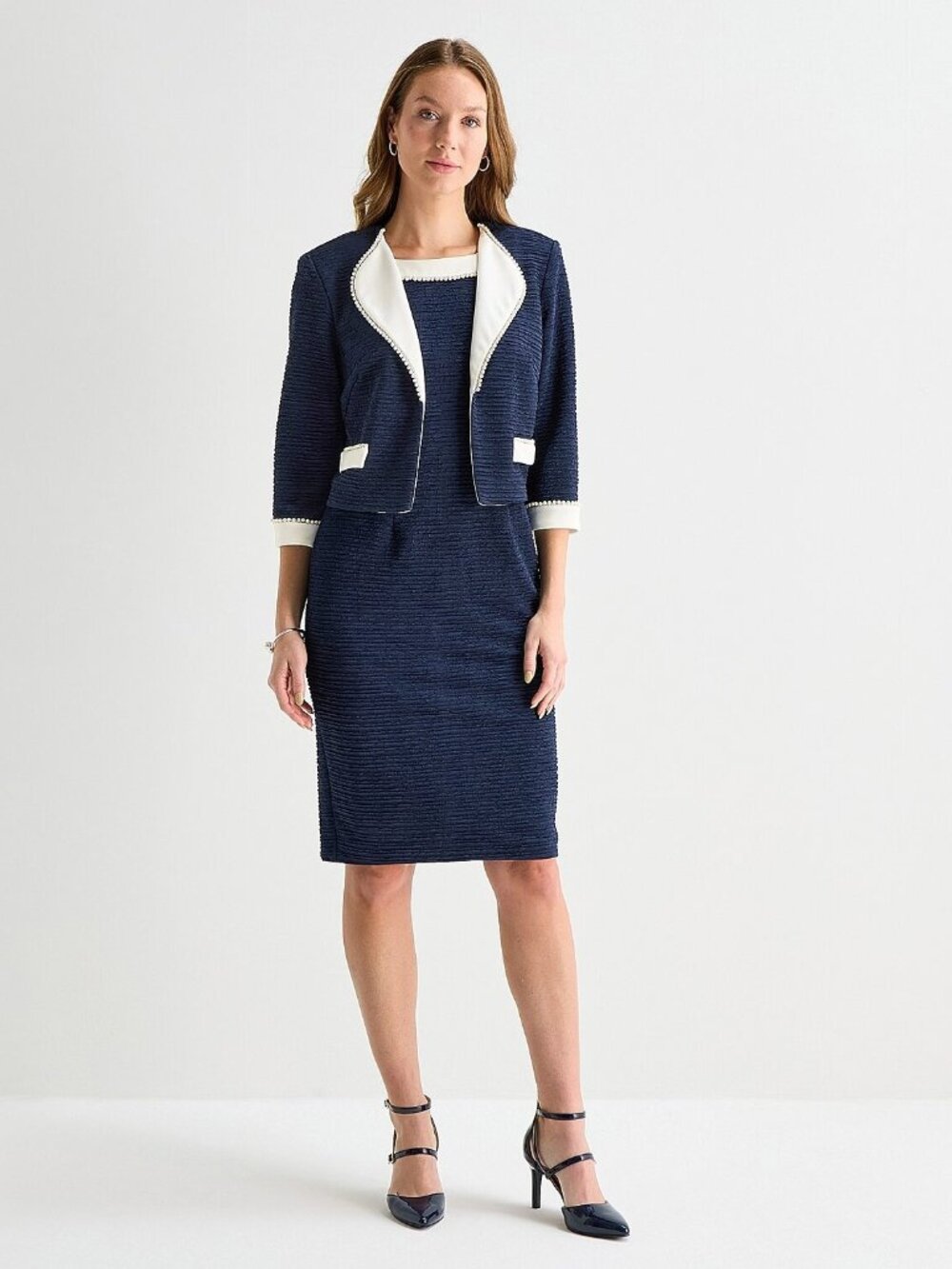 MSRP $100 Maya Brooke Womens 16, 18 Navy White Two Piece Fitted Jacket Dress